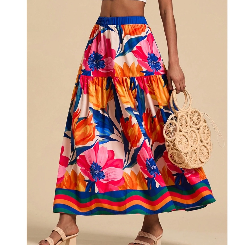 Boho Floral Tropcial Print Stretchy Waist Maxi Skirt - Picture 1 of 7